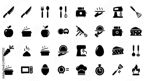 Collection of kitchen utensils and appliances isolated on transparent background, Vector