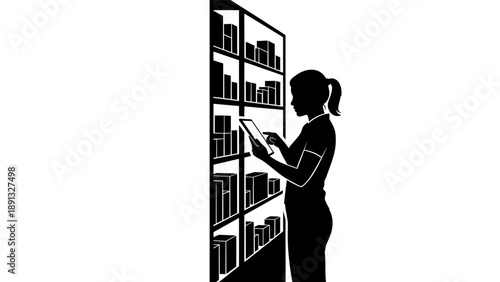 Woman browsing through books on a tall bookshelf.