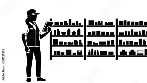 Warehouse worker scanning inventory on shelves with storage containers.