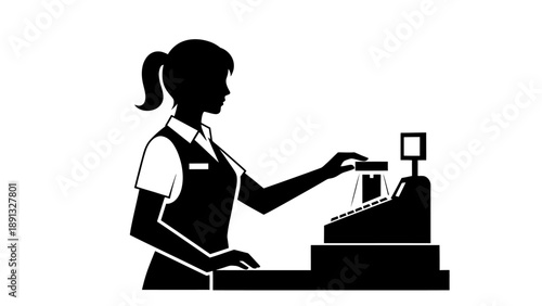 Woman operating a cash register at a retail checkout counter.