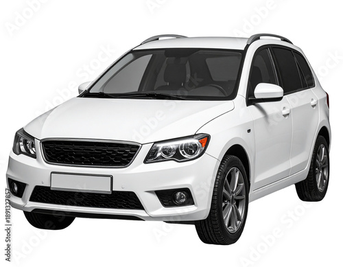 A white SUV, front-facing, with a black grille and tinted windows