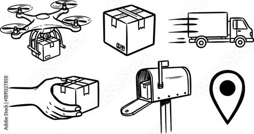 Ink sketch delivery icons showing drone carrying parcel, hand holding box, moving truck, mailbox and map pin line art