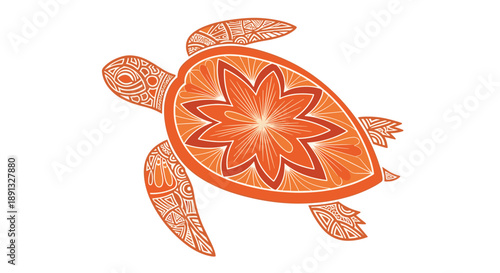 Vibrant orange sea turtle illustration with intricate mandala like white line patterns and a central flower motif on its shell.