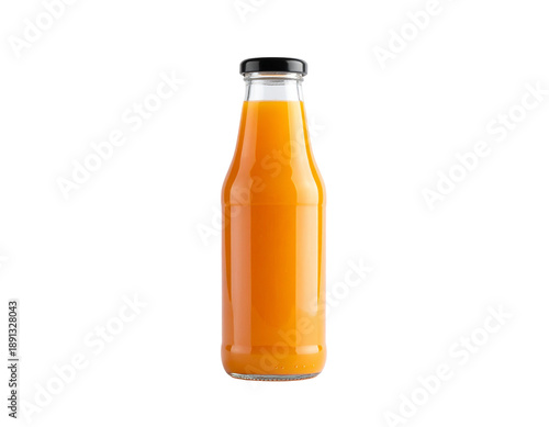 Orange liquid in a clear glass bottle with a black cap