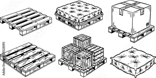 Line art vector set of wooden pallets crates and tufted cushions in isometric views with vintage ink sketch style