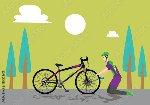 Biker has a flat tire and uses a portable digital air compressor. Editable Clip Art. 