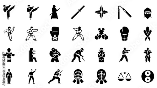 Various sports and martial arts icons isolated on transparent background, Vector