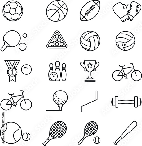 Comprehensive collection of black and white sports icons featuring soccer basketball football boxing volleyball tennis golf cycling and fitness equipment