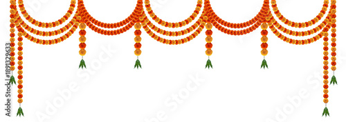 Foto Orange and red marigold flowers hanging decorative design element for hindu fest
