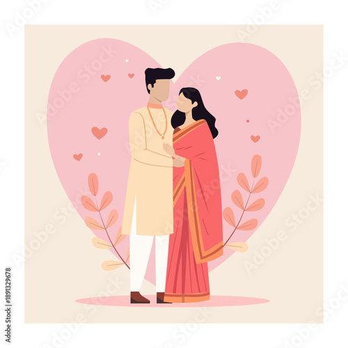 Flat Vector Illustration of Indian Couple Standing Inside Floral Heart for Wedding or Valentine Design.