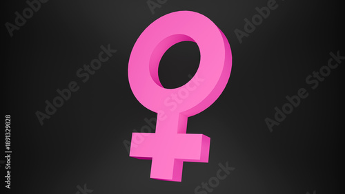 Bright pink 3D female gender symbol on a dark background, representing femininity and empowerment.