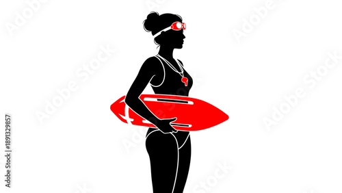 Silhouette of a woman holding a surfboard in a wetsuit.