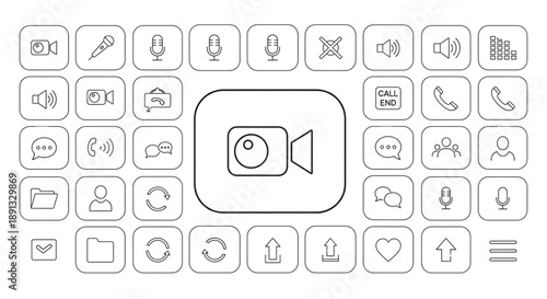 Rounded user interface icon set with video camera symbol for web and mobile app design