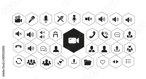 Hexagon user interface icon set with video camera center for web and app design