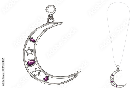 Delicate crescent moon necklace with sparkling purple gems and dangling chain, fantasy jewelry vector art, boho chic style, isolated on transparent background for fashion and mystical design