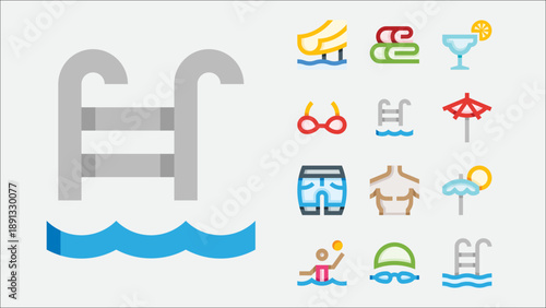Summer pool day and swimming icons set