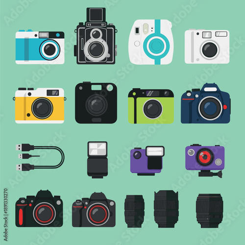 Comprehensive collection of colorful photography icons featuring vintage cameras digital DSLRs action cams lenses flash units and USB cables for photographers