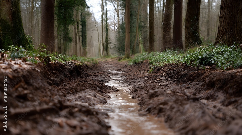 Fototapeta premium A deeply rutted muddy forest path with a shallow stream flowing through the tracks surrounded by damp earth and bare trees