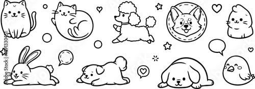 Cute hand drawn black outline style cartoon cats dogs rabbits and birds with hearts and speech bubbles vector icons set