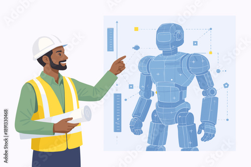 Industrial engineer presenting humanoid robot blueprint for robotics and automation development