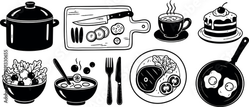 Monochrome hand drawn kitchen set with cooking pot cutting board knife fresh salad hot soup steak plate fried eggs and dessert slice