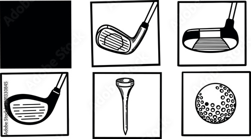 Hand drawn black and white vector art of golf club heads and ball with tee in simple square frames minimalistic line drawing set