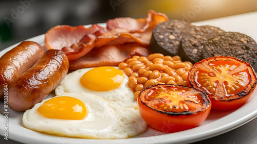 Delicious breakfast plate with eggs bacon sausages beans and grilled tomatoes on a white plate