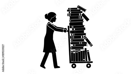 Woman pushing a cart loaded with office equipment and furniture.