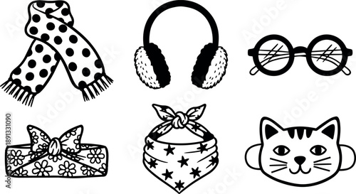 Black and white line art collection of six winter accessories including polka dot scarf, fluffy earmuffs, round glasses, floral and star bandanas, and cat face earmuffs
