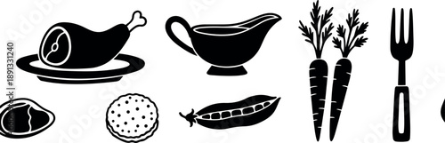 Minimalist monochrome vector icons of food items including ham leg on plate, gravy boat, carrots with leaves, fork and pea pod simple flat design