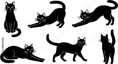 Set of black cat silhouettes showing various poses including sitting stretching walking and tail up in minimalistic vector style