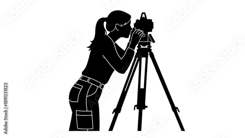 Female photographer taking a picture with a camera on a tripod.