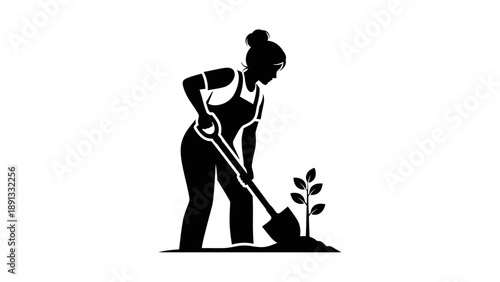 Woman Gardening Silhouette Planting a Small Plant.