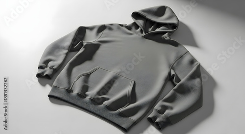 A studio shot of a classic grey hooded sweatshirt, showcasing its design and details with soft shadows and a minimalist aesthetic. A minimalist 3D rendering mockup of a hoodie.