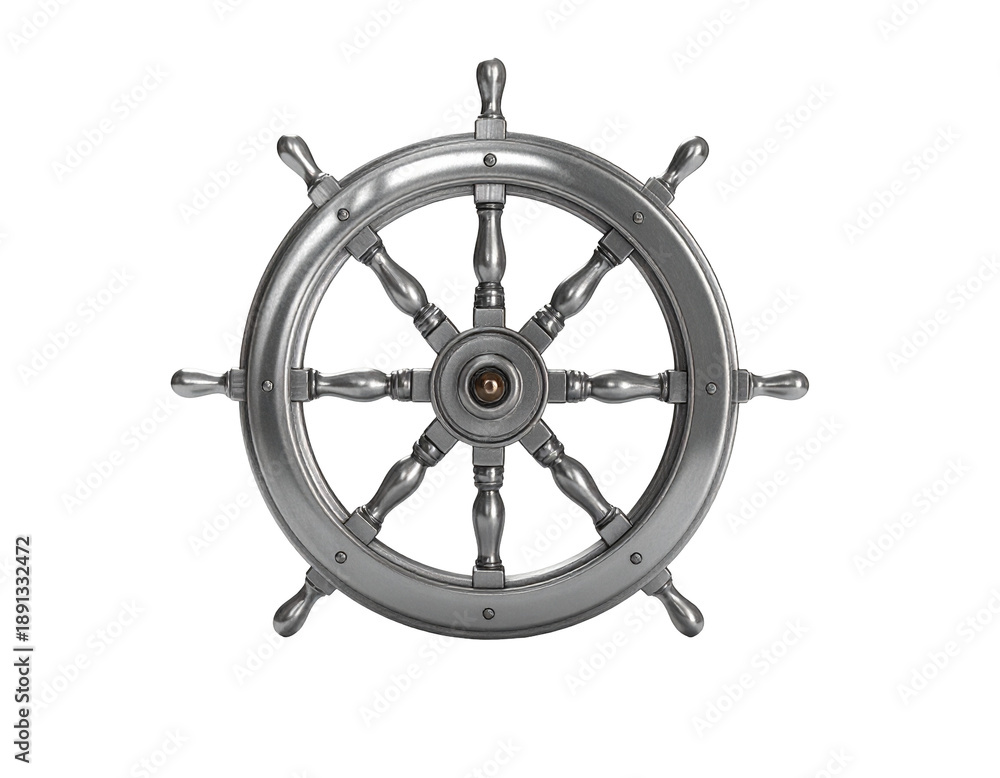 Obraz premium Metallic ship steering wheel with eight spokes and dark background