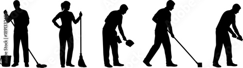 Set of silhouettes of cleaning service workers mopping floors and sweeping with brooms, professional janitors and housekeeping staff on white background