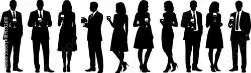 Silhouettes of business people and elegant guests standing in a row holding glasses for a toast or corporate cocktail party