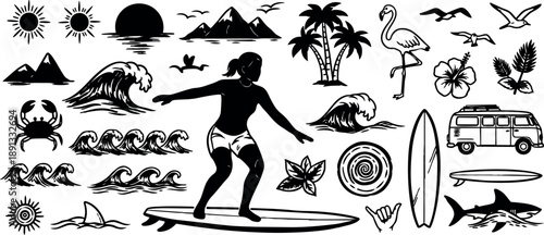 Vintage style surfer girl riding wave with palm trees flamingo shark sun and retro van set of surfing icons