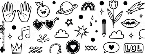 Hand drawn doodle sticker line art sheet with playful icons hands heart sunglasses tulip pencil cloud rain star lips black outline