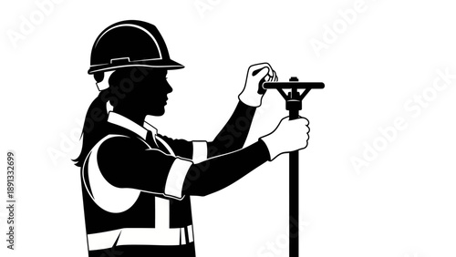 Construction worker adjusting survey equipment on site.