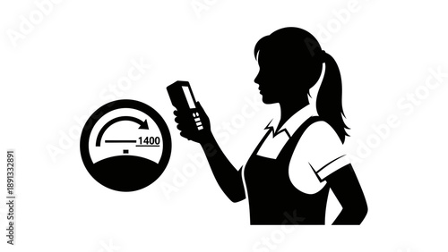 Woman holding a device next to a speedometer graphic.