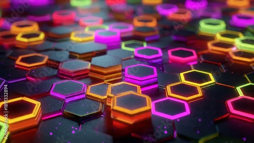 Hexagonal Data Cluster: A vibrant array of interconnected hexagonal shapes pulsates with radiant, futuristic energy, symbolizing network connectivity and data processing.