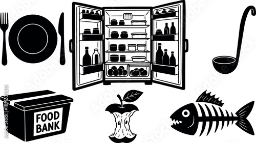 Woodcut style close up icons of open refrigerator, plate with fork and knife, ladle, food bank box, apple core, fish skeleton