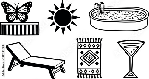 Black line art minimalist vector icons of butterfly on box, sun symbol, oval swimming pool, reclined sun lounger, decorative rug, cocktail glass on white