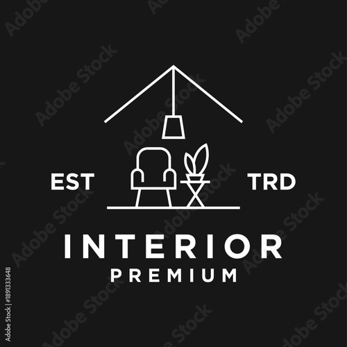 Interior Design Logo with Minimalist Home Decor Elements: Armchair, Plant, and House Outline on Black Background