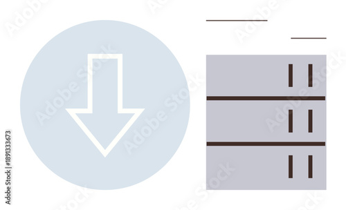 Data storage, cloud services, file download, technology, data transfer, IT solutions. Downward arrow next to rectangular server units. Data storage and cloud services concept