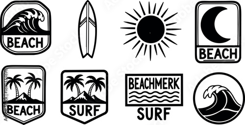 Hand drawn vintage style beach and surf badges with waves palm trees sun moon and surfboard vector icons collection
