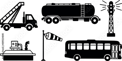 Flat design collection of transportation and aviation safety objects including tanker truck, ladder truck, bus, windsock, and illuminated signal tower