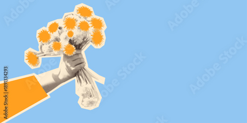 Floral Collage Bouquet in Hand Isolated on Blue Background, Retro Halftone Banner with Copy Space for Mother’s Day, Valentine’s Day, International Women’s Day. Vector illustration