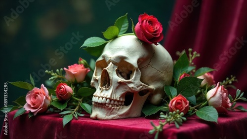 A Human Skull Adorned with Roses, a Still Life of Mortality and Beauty on Crimson Fabric